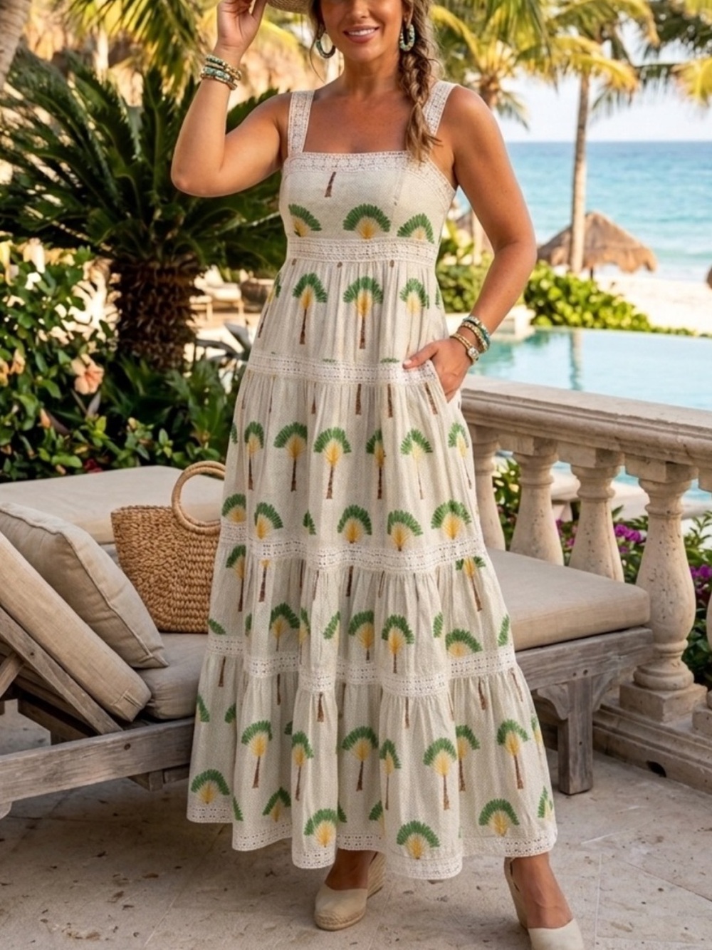 CALYPSO ST BARTH Tropical Palm Dot Print Lace Midi Sun Dress